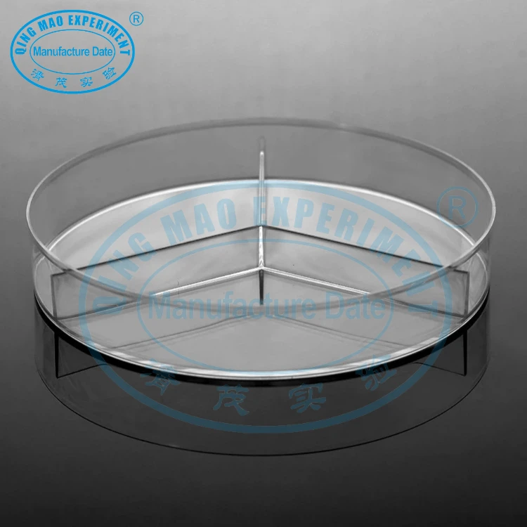 
disposable cheap plastic 90mm petri dish with cover/lid separated in three vents for laboratory 