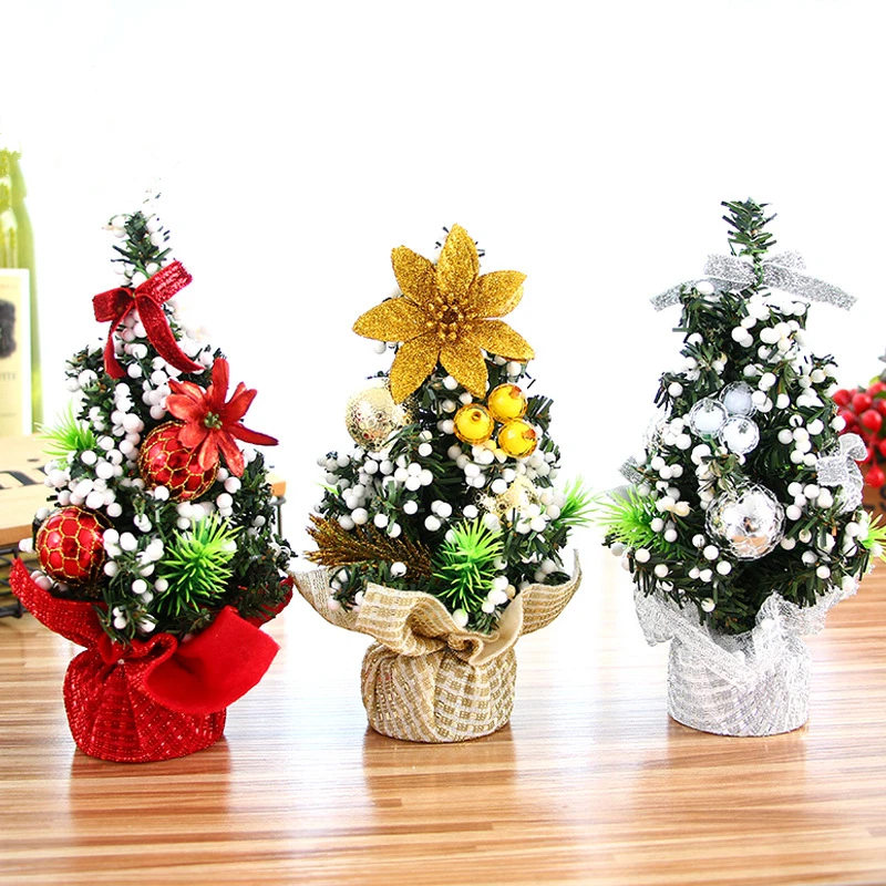Artificial Mini Christmas Xmas Pine Tree Tabletop Tree with Berries Ornaments Burlap Base for Table Top Desk Holiday Decoration