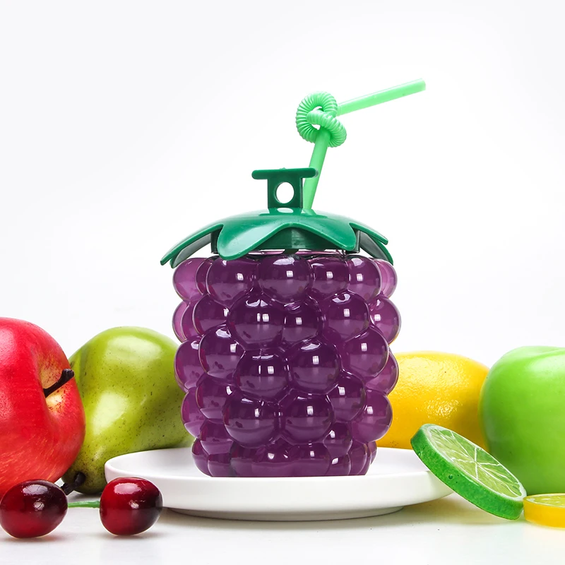 Drink Bottle Reusable Cute Kid Fruit Grapes Shaped Empty Clear Drink Juice Water Bottle With Straw Lid For Summer
