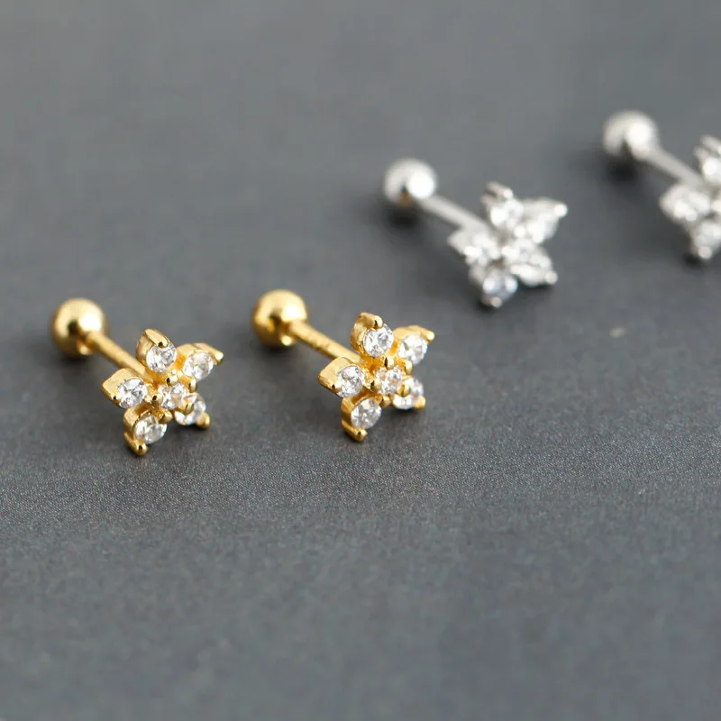Fashion 925 Sterling Silver Jewelry Gold Plated Piercing Studs Earrings Mini Diamond Flower Studs Screw Back Stud Earrings