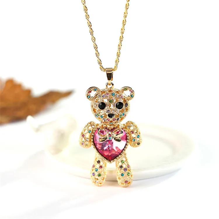 Personalized Custom Jewelry Fashionable Latest Design Beaded Necklace Bear Necklace Crystal Love Heart Necklace