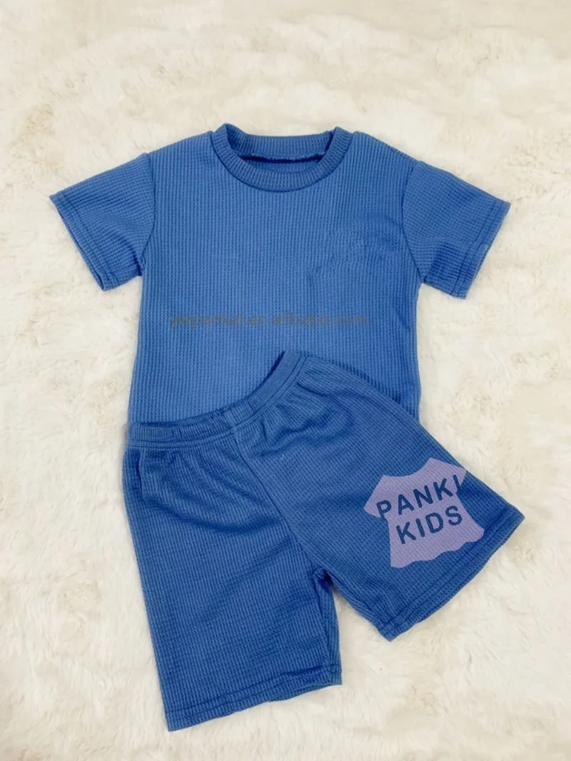 Custom Logo Toddler boys clothing sets summer Waffle fabric Short Sleeve Tops Matching Shorts Outfits For Kid Clothes