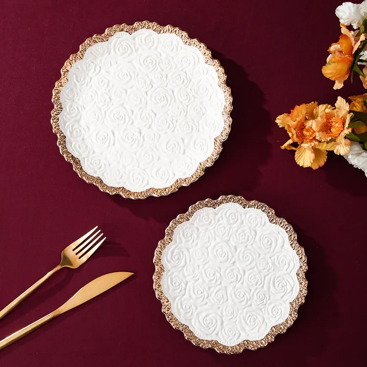 Restaurant wedding luxury dinner dessert dishes plates flower embossed gold rim porcelain charger plates
