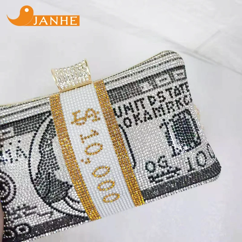JANHE Bling Luxury sac de soiree Dollar Money Purse Rhinestone Handbags Clutch Evening Bag