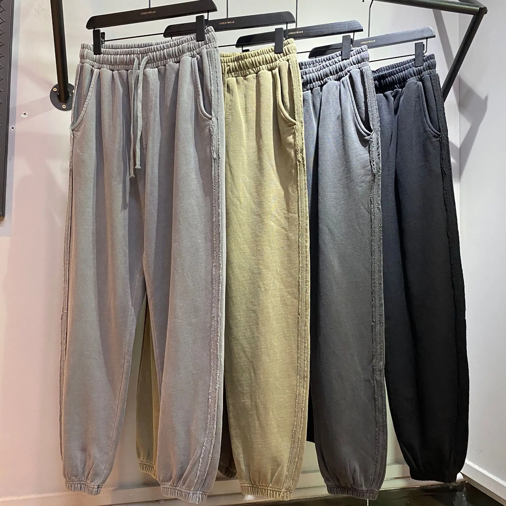 High Street Batik Washed Vintage Mens Casual Trousers Loose Wide Leg Washed Men French Terry Sweatpants