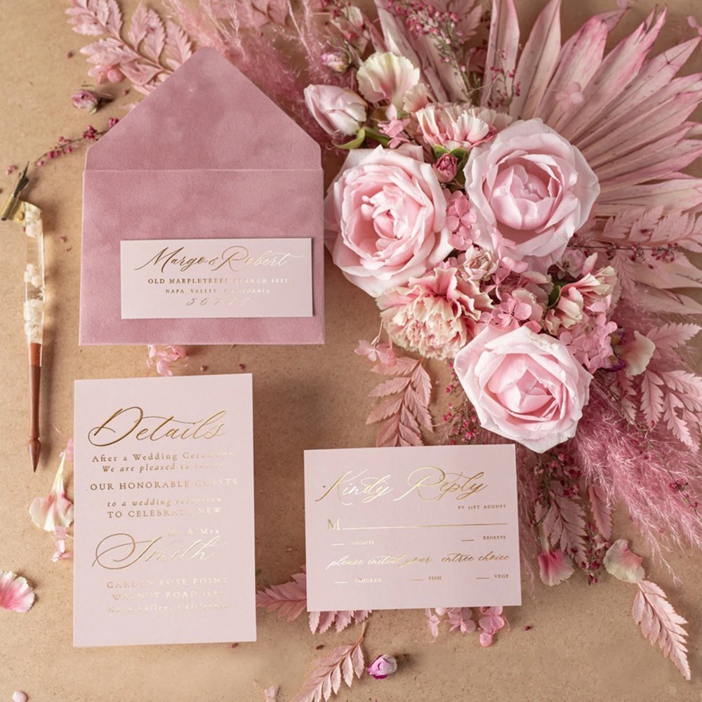 Quality Choice Pink Velvet Envelope Extravagant Wedding Invitations Vellum Floral Acrylic Design Wedding Invitation
