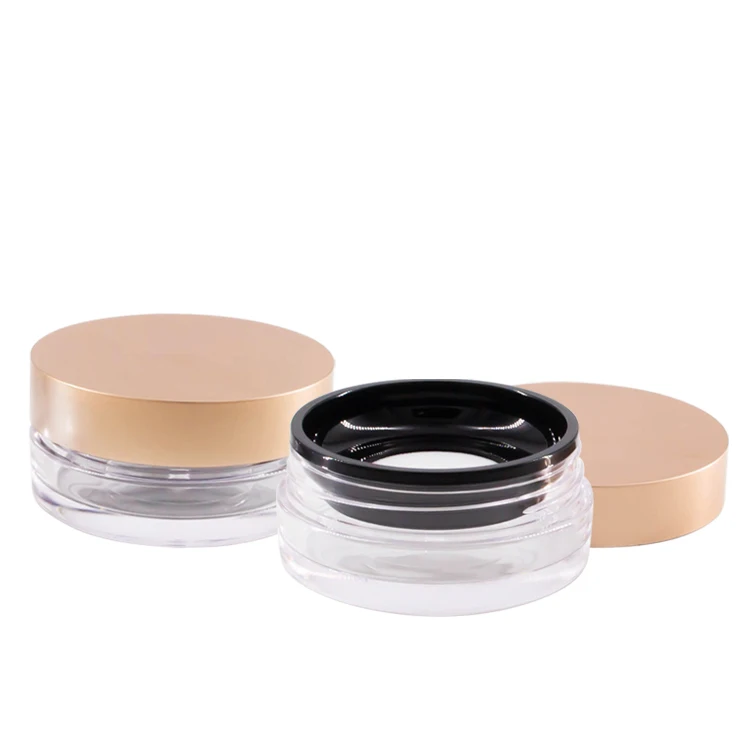 Высококачественная круглая Золотая черная крышка, пустая прозрачная пластиковая косметическая упаковка, свободная банка для пудры, сито, контейнеры для пудры