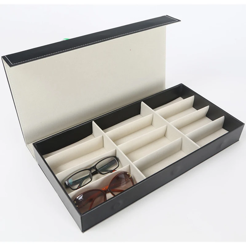 Retail 12Panels 8Panels Glasses Storage Box  Beige Color Glasses Collection Cases Black PU Leather Covered  Eyewear Display Box