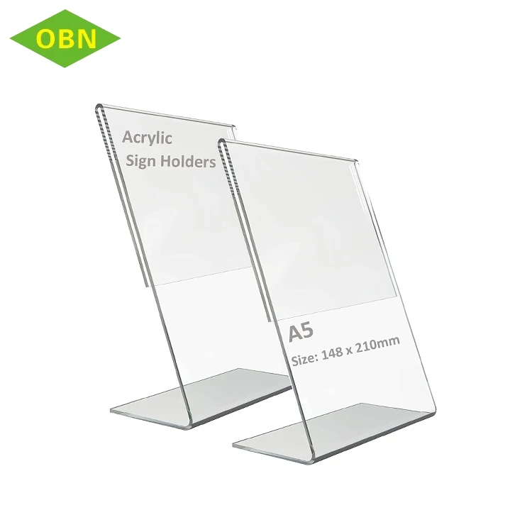 A5 L shape cheap clear 2 sided slant back acrylic sign holder