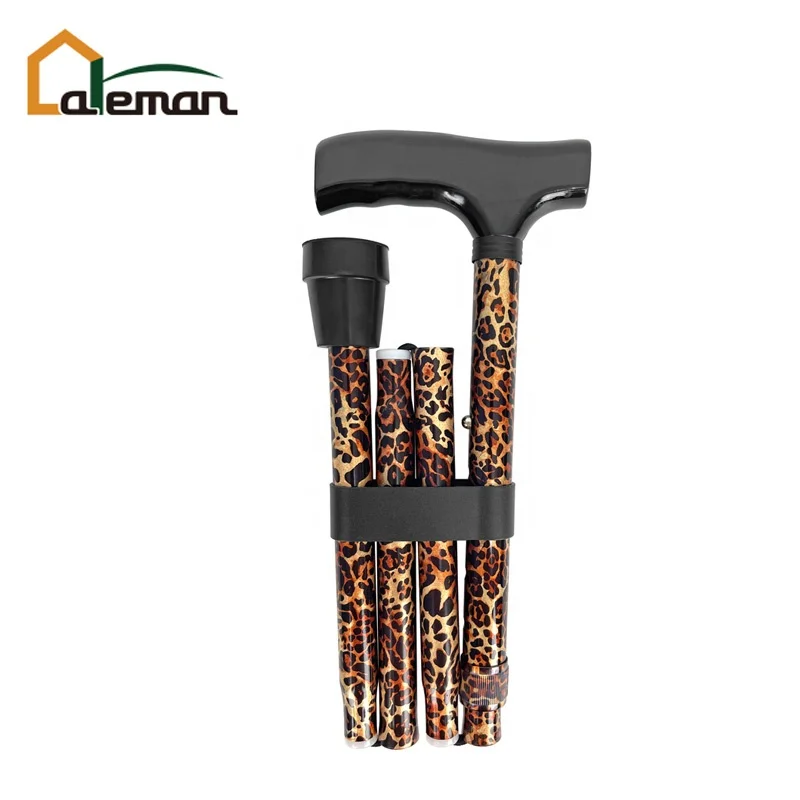 Leopard Print Folding Cane Walking Stick Wooden Handle Rubber Tip Collapsible Fashion Decorative Patterned 5 Adjustable Heights