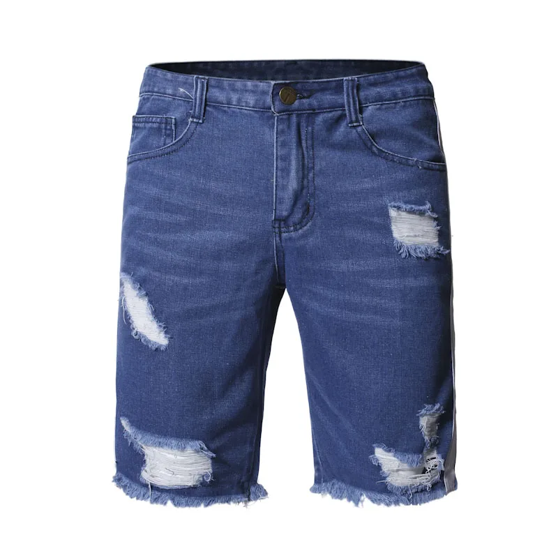 
Fashion Blue Funky Teenage Skinny Designs OEM Damage Jeans Boy Hole Knee Mens Street Denim Ripped Shorts In 2020 Support Custom 