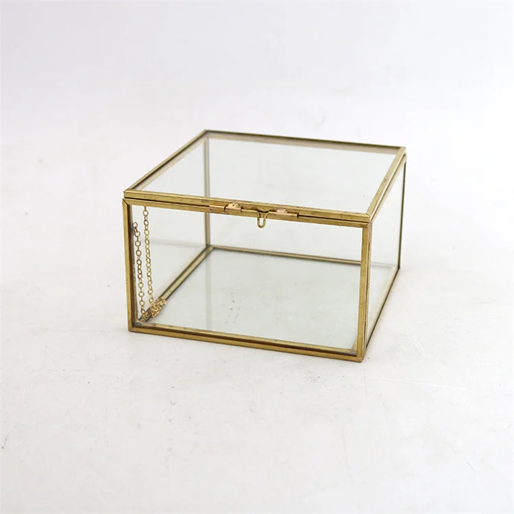 Wholesale custom vintage small geometric metal trinket box rose gold copper glass jewelry ring display box for wedding favor