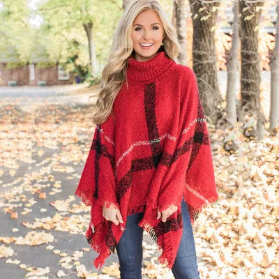 Wholesale Knitted Plaid Shawl High Collar Sweaters Women Plus Size Tassel Cloak Ponchos Sweaters