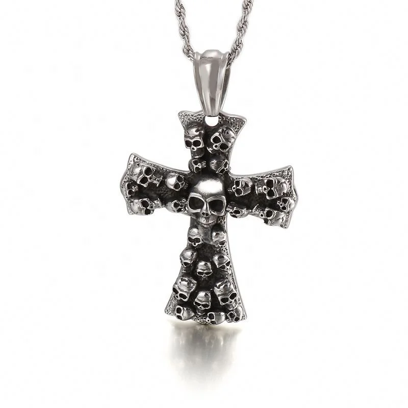 Halloween Cross Pendant Long Chain Necklace Cross Skulls Necklace Punk Jewelry Stainless Steel Cross Pendant Necklace for Men
