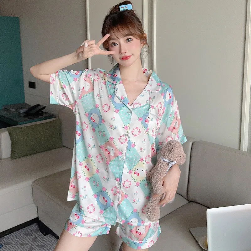 Wholesale high quality ins Hello Sanrioed Cute Long Sleeve Ice Silk Pajamas Girls Girls Cartoon  Kitty Home Clothes Set