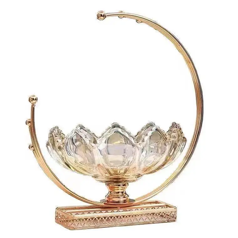 Light luxury European style glass dry fruit plate, home living room tea table,  decorative metal moon fruit plate ornaments