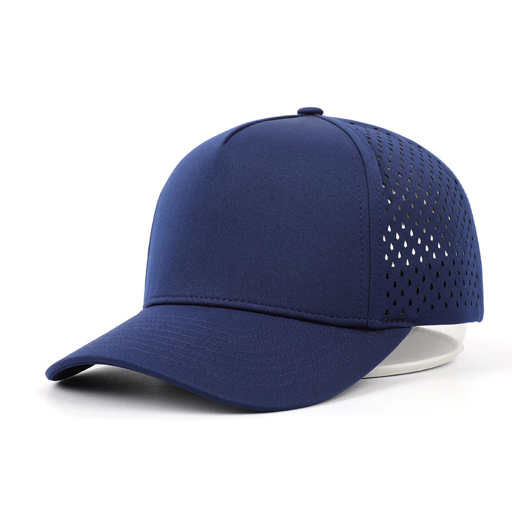 Customized High Quality 5 Panel Black Structured PVC Logo Perforated Laser Hole Drilled Waterproof Sport Baseball Caps Hat