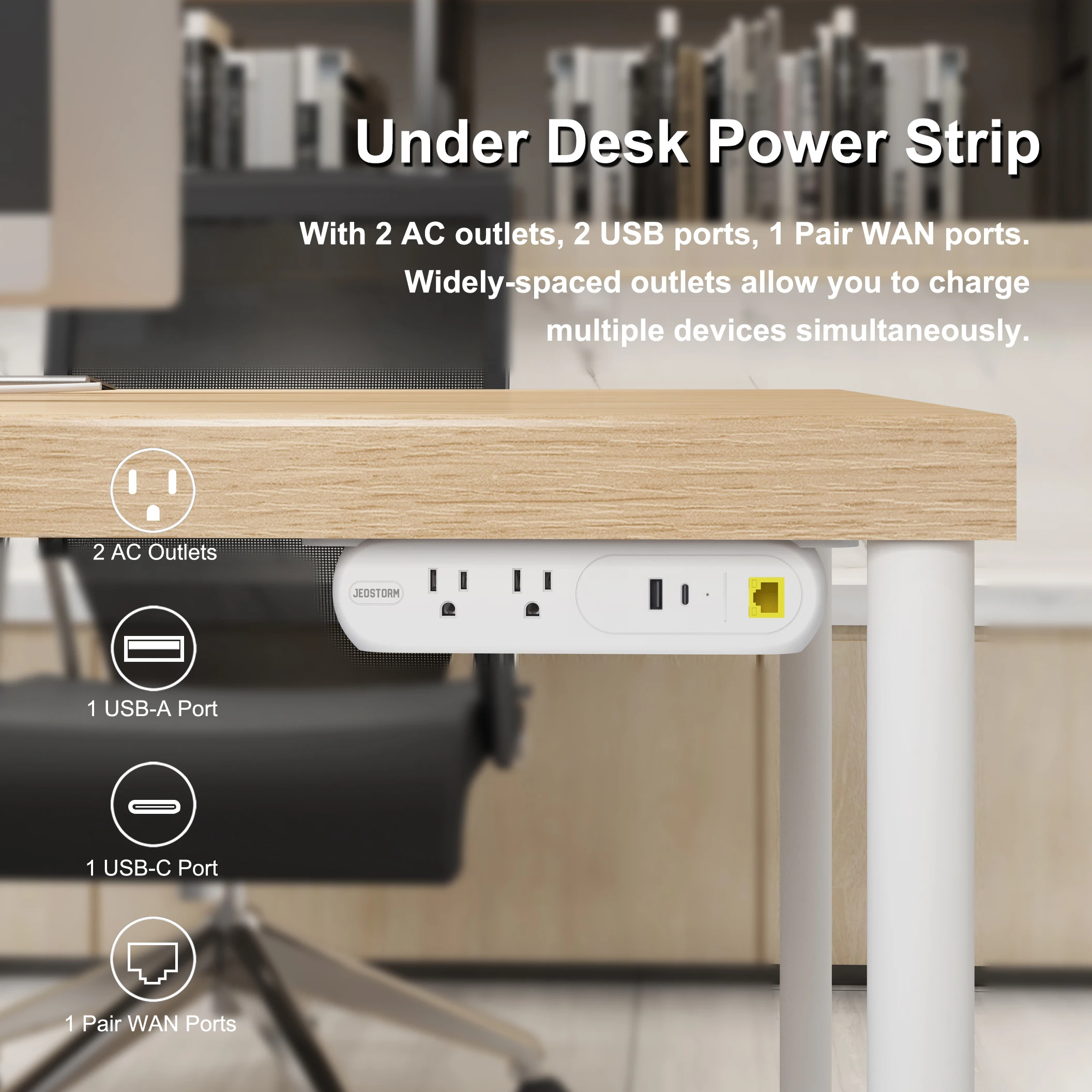 Multiple Devices American Charging Station Surge Protector 3 In 1 Under Desk Mountable Power Strip With 2 USB Ports And Network