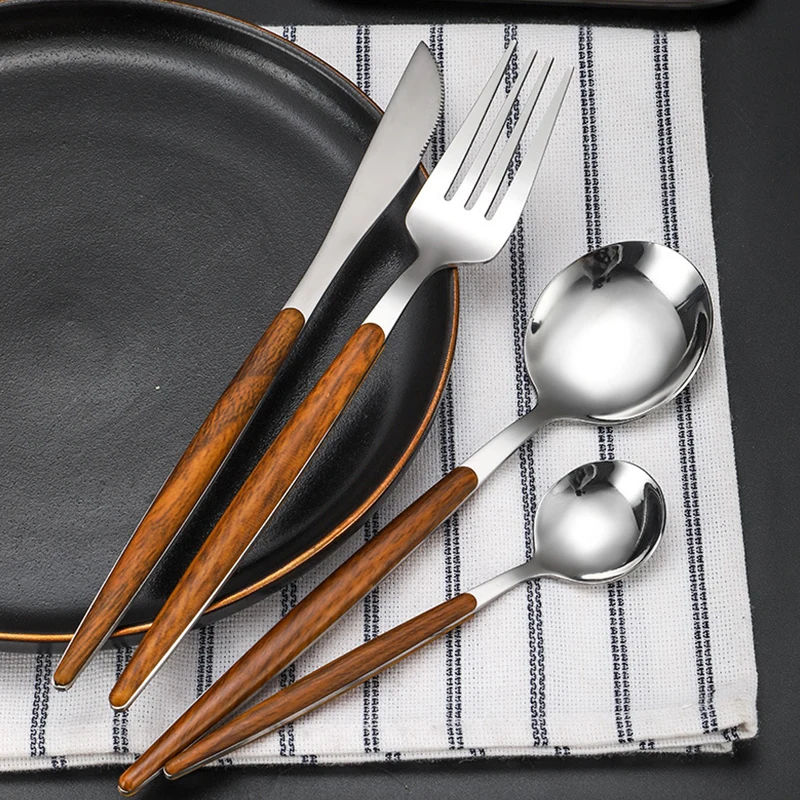 Hongda 430 Flatware Spoon Fork Knife Stainless Steel Wooden Plating Handle Cutlery Set