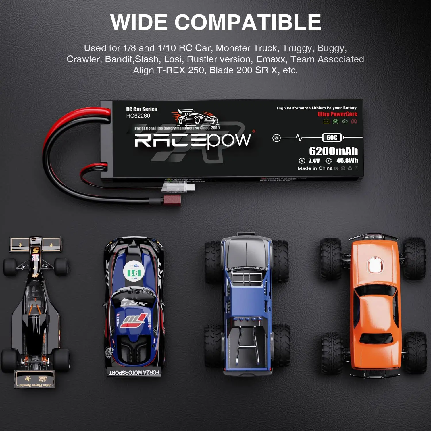 2S 6200mAh 7.4V 60C Hard Case Lipo RC Car Battery Pack with T Deans Connector for 1/8 1/10 RC Car RC Monster Truck Truggy Buggy