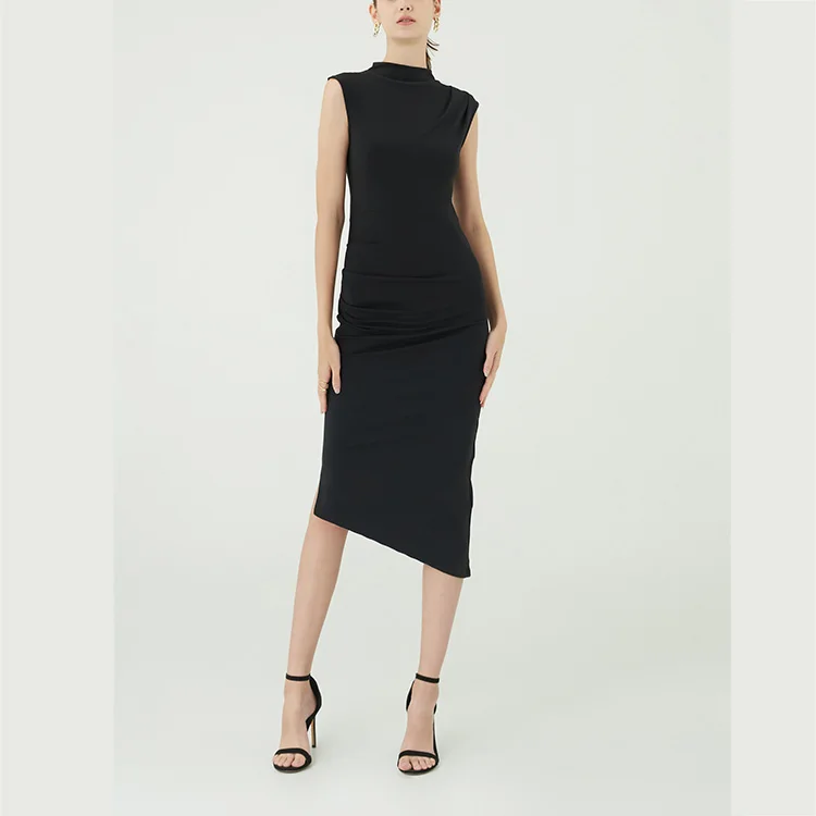 High Neck Slightly Capped Shoulder Pleats Across Waist And Mid-riff  Asymmetrical Hem Black Casual Dresses