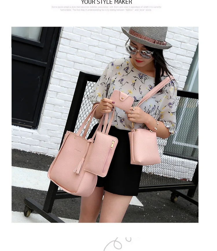 Promotion cheap leather handbags for women 4pcs in a set big size tote handbags ladies luxury shoulder crossbody bag with tassel