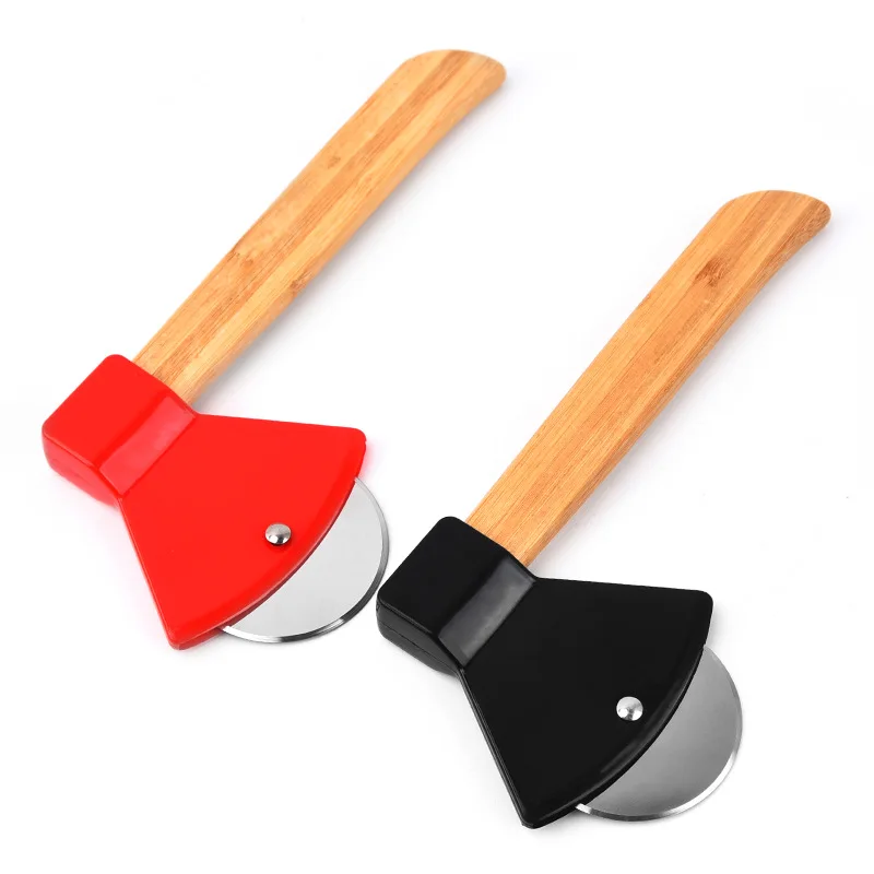 High Productivity Slicer Handle New Design Stainless Steel Axe Wood Pizza Cutter Wheel Logo Customized