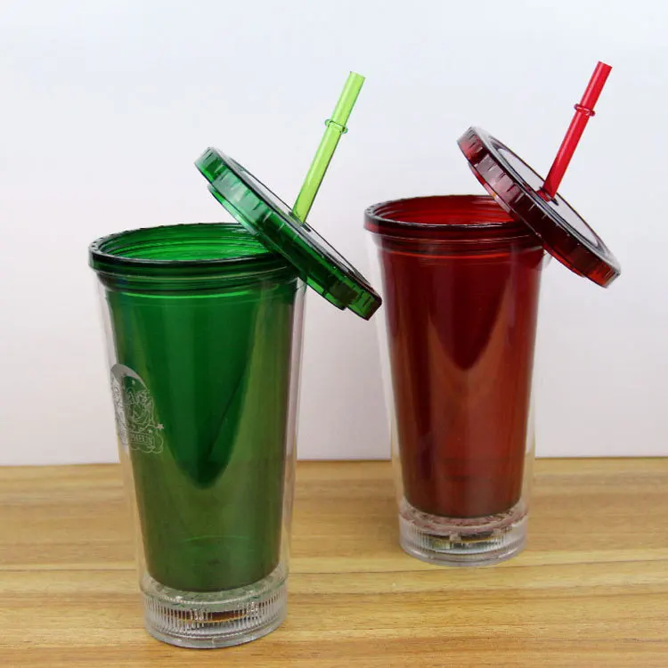 LED Creative Double Layered Luminous Straw Cup 16OZ Led Plastic Tumbler Party Drinking Cup