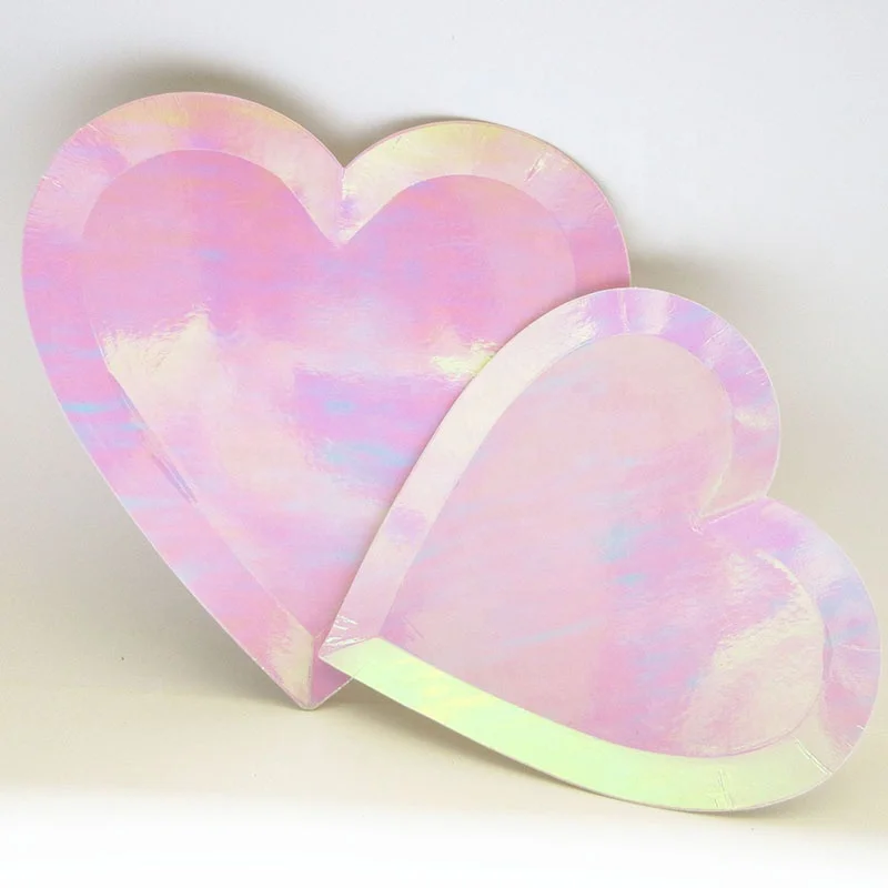Heading card packed Heart shaped iridescent foil paper plates for girls party wedding party