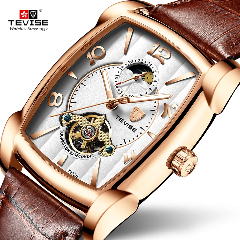 TEVISE T802B Men Genuine Leather Square Case Tourbillon Automatic Mechanical Sports Wrist Watch Waterproof