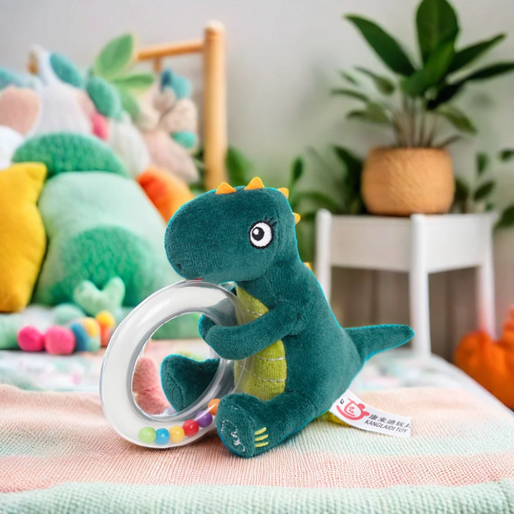 Custom dinosaur plush rattle toy baby musical sense rattle toy kids plastic ring rattle plush toy baby 0-12 months
