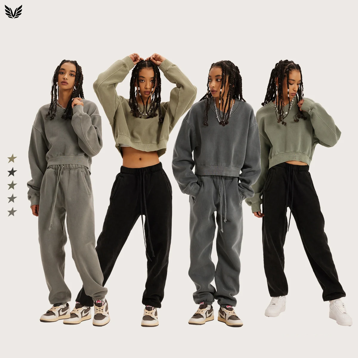 custom vintage washed Acid Washable short V neck fleece sweatshirts sports loose trousers distressed sweatpants set women