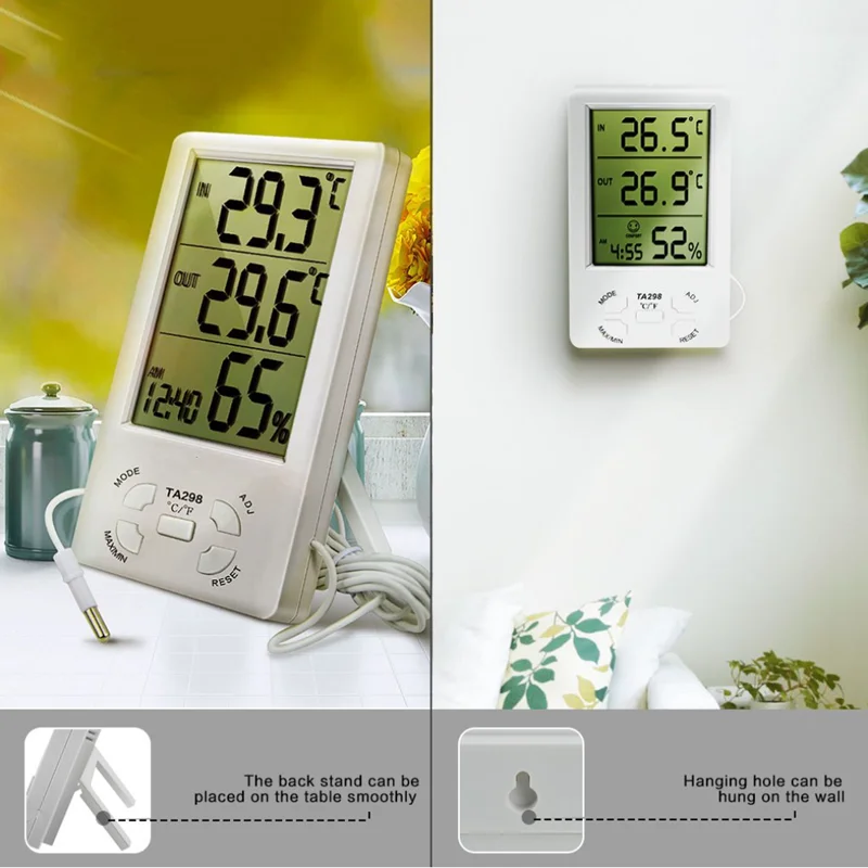 Free Sample Digital Indoor Outdoor Large LCD Display Wall Alarm Clock 3 in 1 Thermometer Hygrometer External Probe Sensor Cable