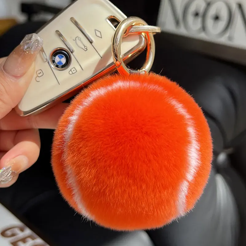Genuine Rex Rabbit Fur Tennis Ball Car Keychain Pendant Ins Plush Ball School Bag Pendant