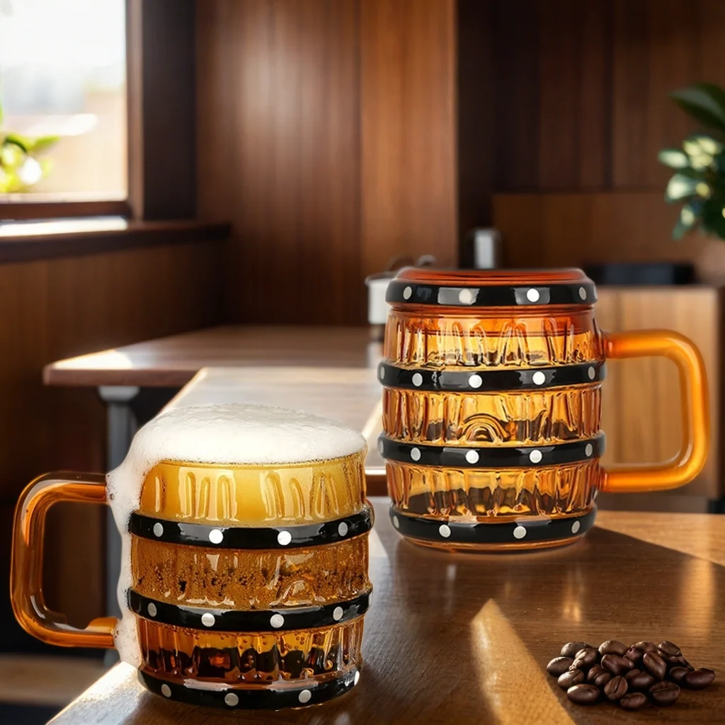 Fashion Hot Selling 470ml Creative Design Wooden Barrel Shape 16oz Milk Beverage Glass Beer Mug Cup With Handle