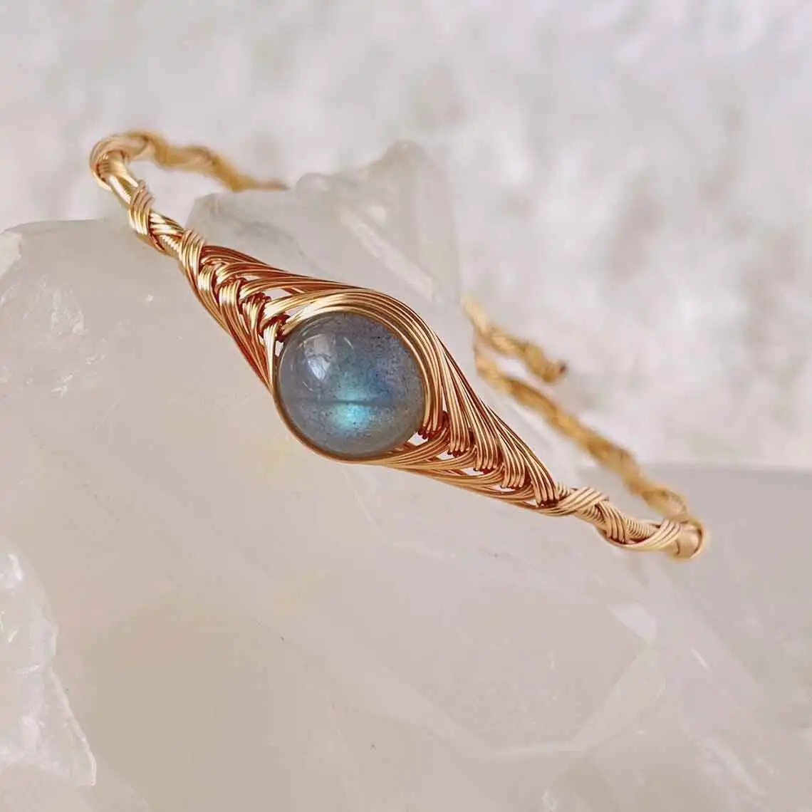 Natural Spiritual Energy Crystal Healing Fashion 14k Real Gold Bangle Cuff Open Moon Stone Magic Bracelets for Her