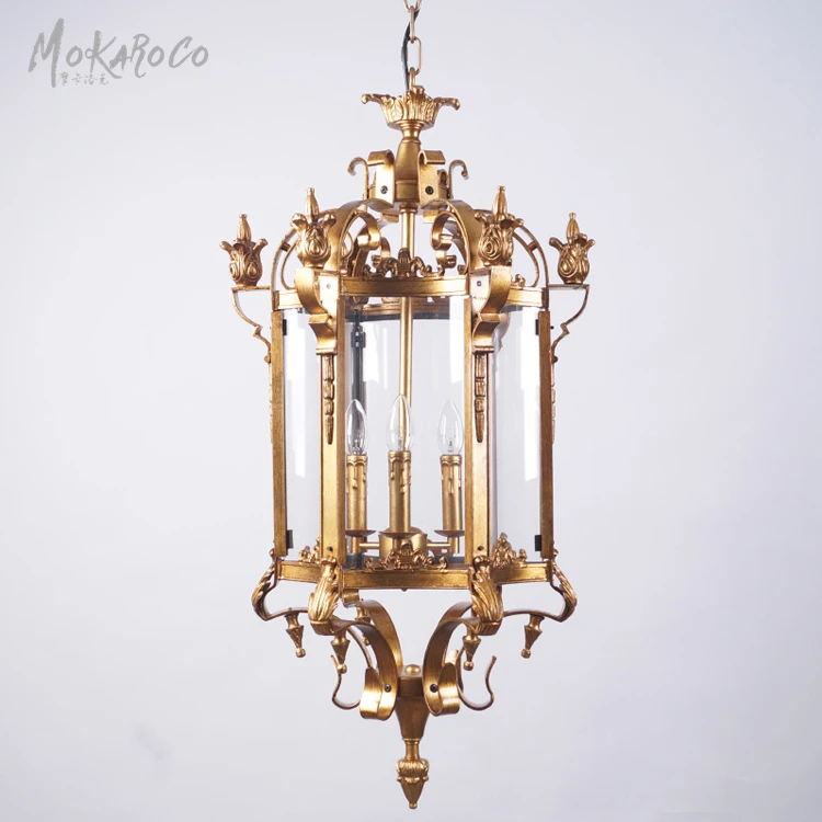 
Cage chandelier gold foil of the ancients light American retro hexagonal glass chandelier Roman gothic courtyard ceiling lamp 