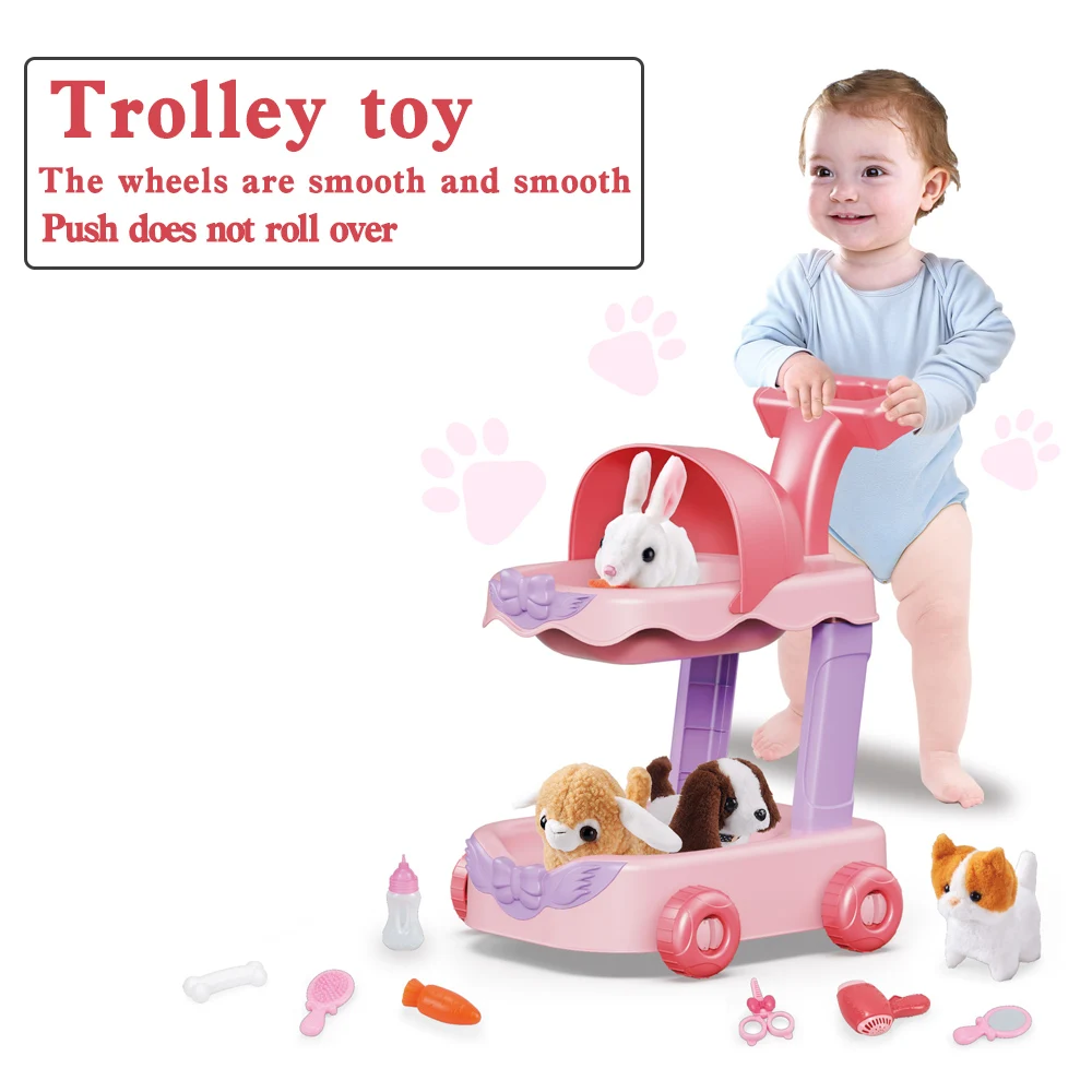 Hot Selling Electric Plush Cute Pet Cart Toy Stroller Set Baby Trolley Animal Toys Pretend Play Game for Children