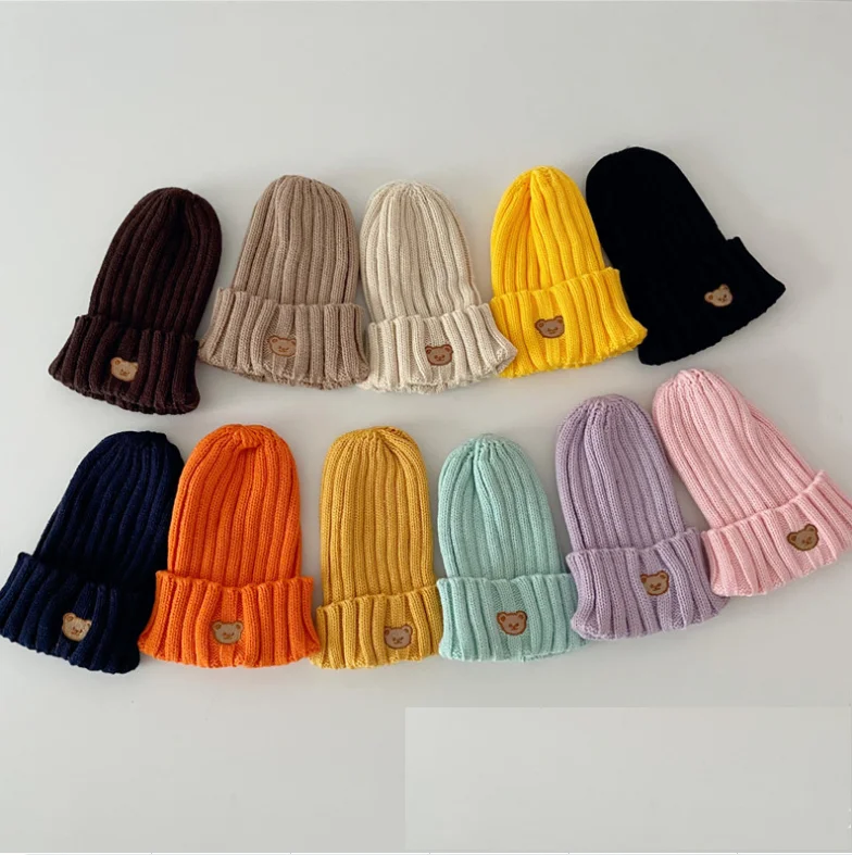 Wholesale Autumn Winter Bear Embroidery Baby Kids Knitted Beanie