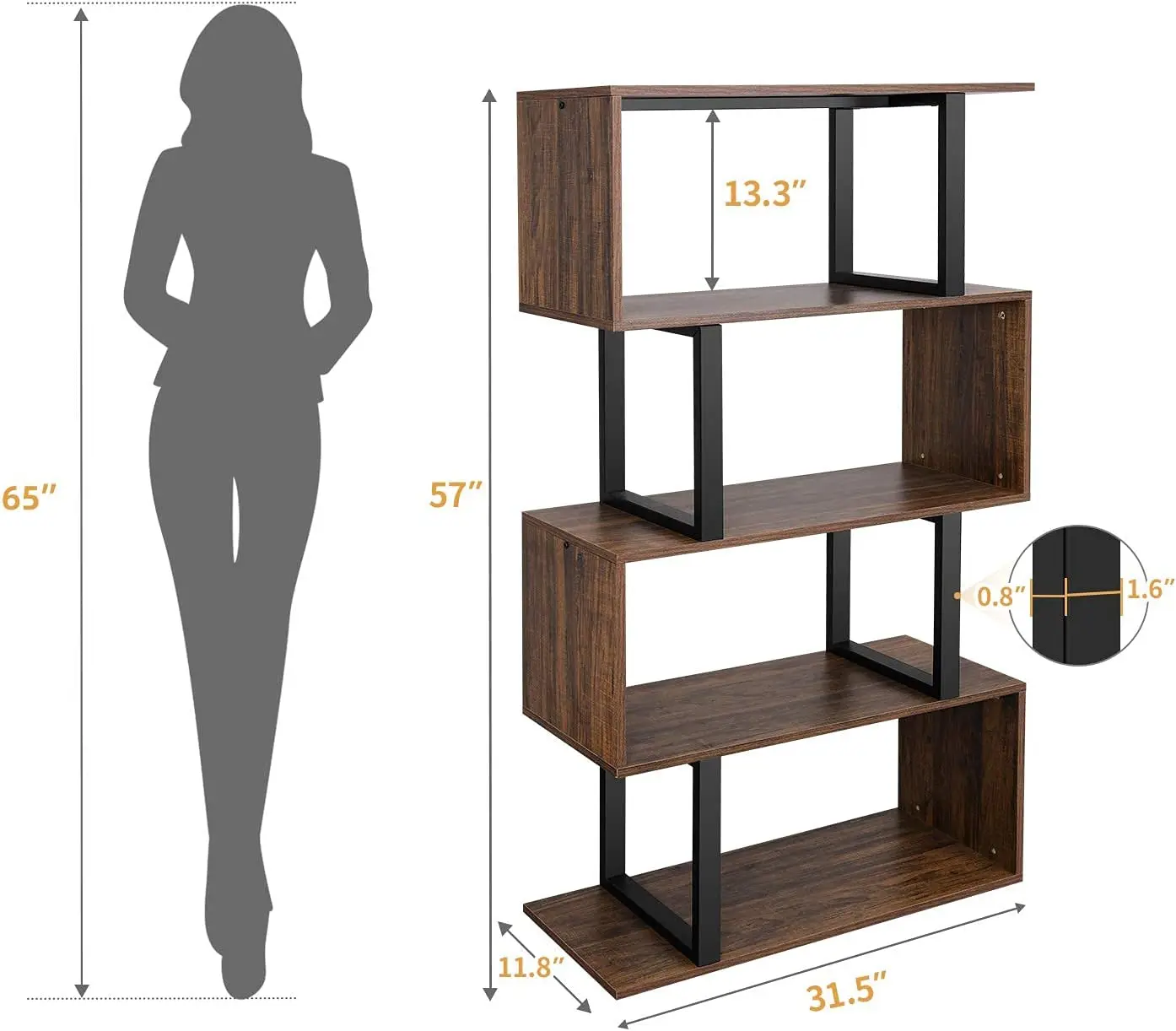 5-Tier Bookshelf, S-Shaped Z-Shelf Bookshelves and Bookcase, Industrial Freestanding Multifunctional Decorative Storage Shelving