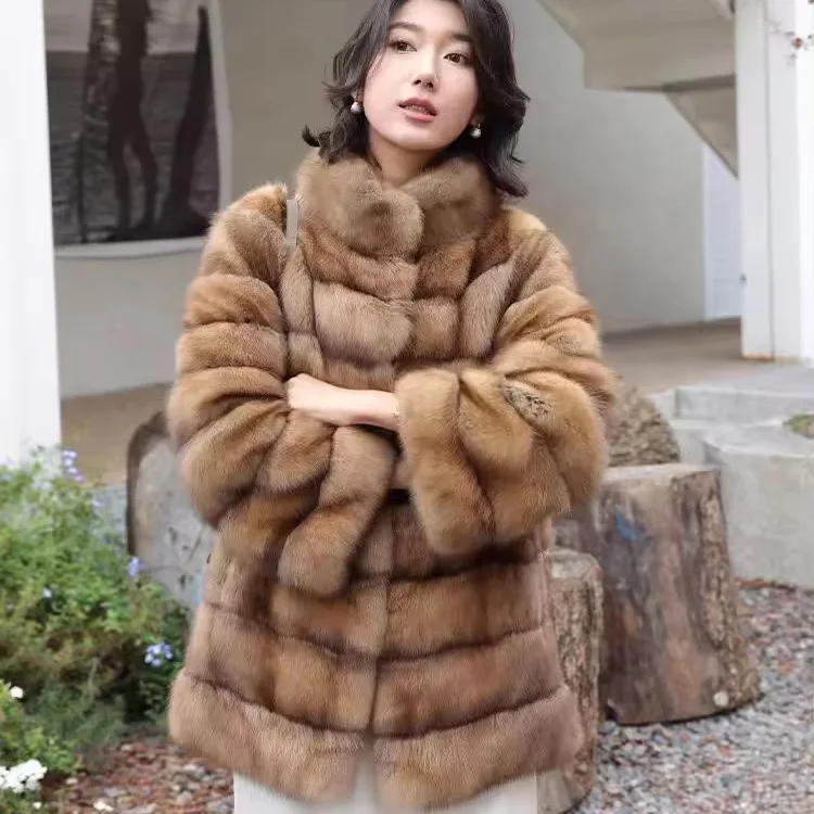 custom Women  Russia  real sable fur   coat   Winter Long 75cm pure natural sable fur overcoat