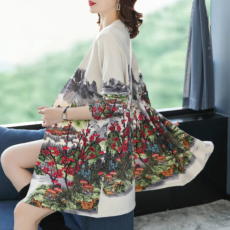 Wholesale factory direct price women sweater Chinese style long design print sweater for women accept customzimed cardigan