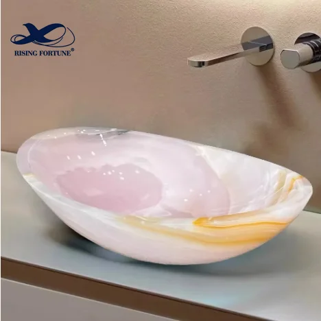 Modern Design Oval Irregular Shape Bathroom Freestanding Pink Onyx Marble Wash Sink Basin
