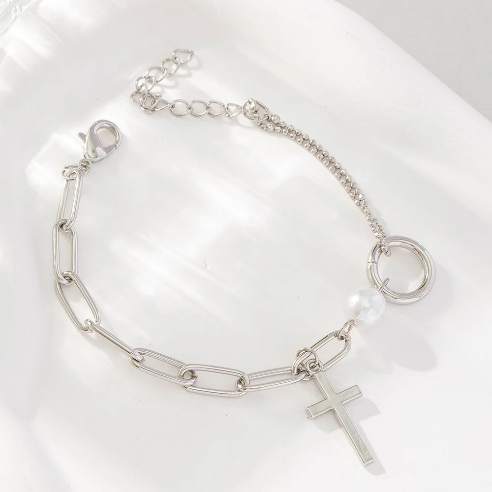 Fashion Cuban 316L Stainless Steel Long Chain Cross Pendant Bracelet Vintage Baroque Pearl Bracelets