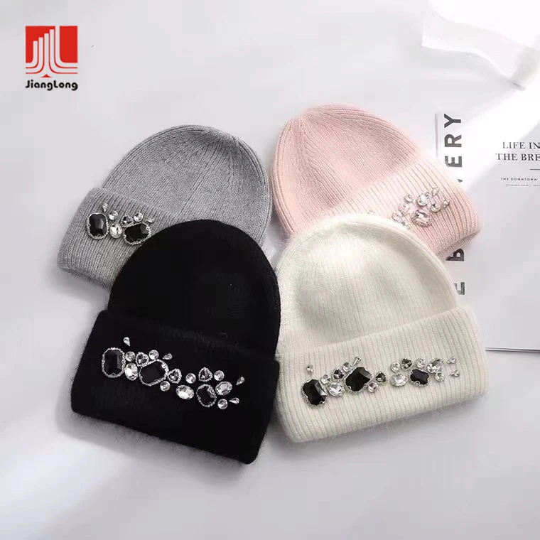 Jianglong high quality customized winter warm fluffy knitted fashion women knitting hat angora rabbit beanie with diamond