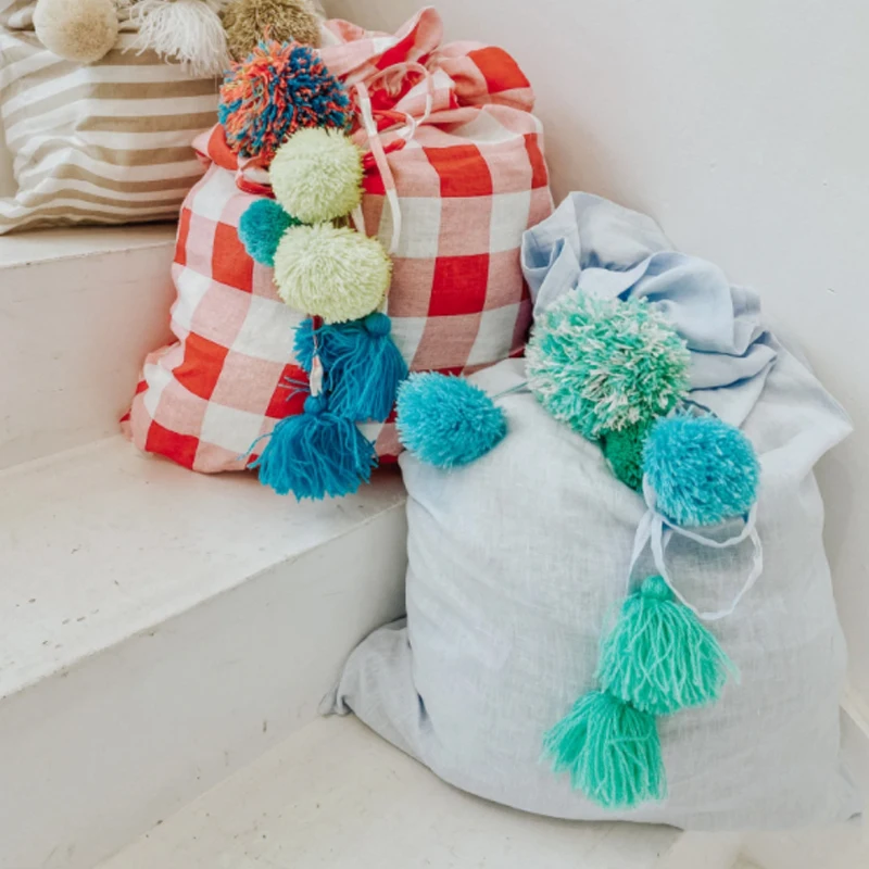 Gingham Santa Sack With Pom Pom Drawstring Large Christmas Sack Wholesale Christmas Gift Bags