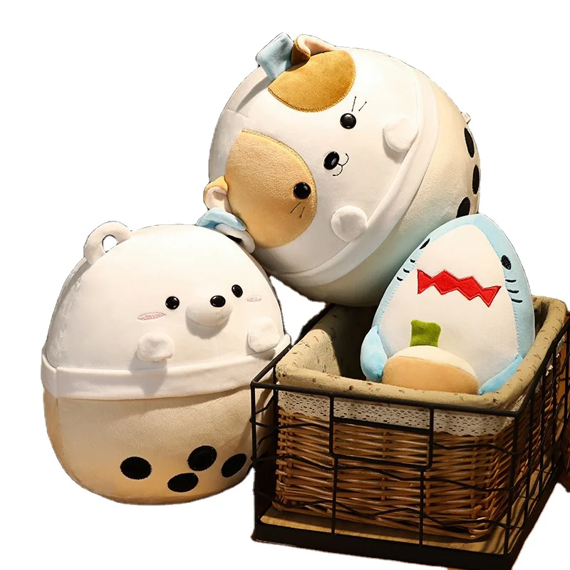 Kawaii Bubble Tea Cats Plush Toy Stuffed Animal Shark Polar Bear Pillow Cup Milk Tea Boba Plushie Doll Kids Girls Birthday Gifts