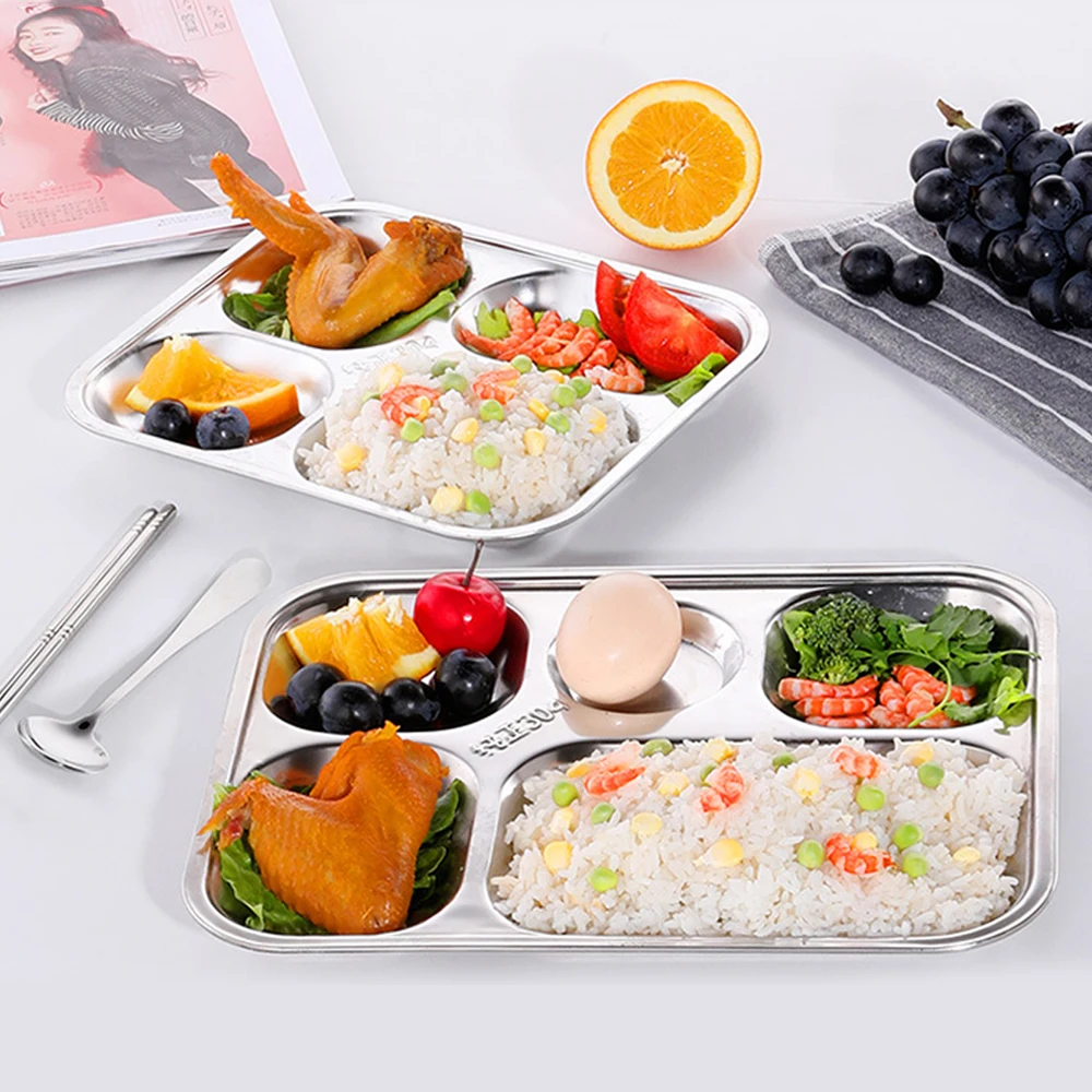 IKITCHEN 4 5 Compartment 18/8 Stainless Steel Plates Divide Food Lunch Fast Box Container Tray for School