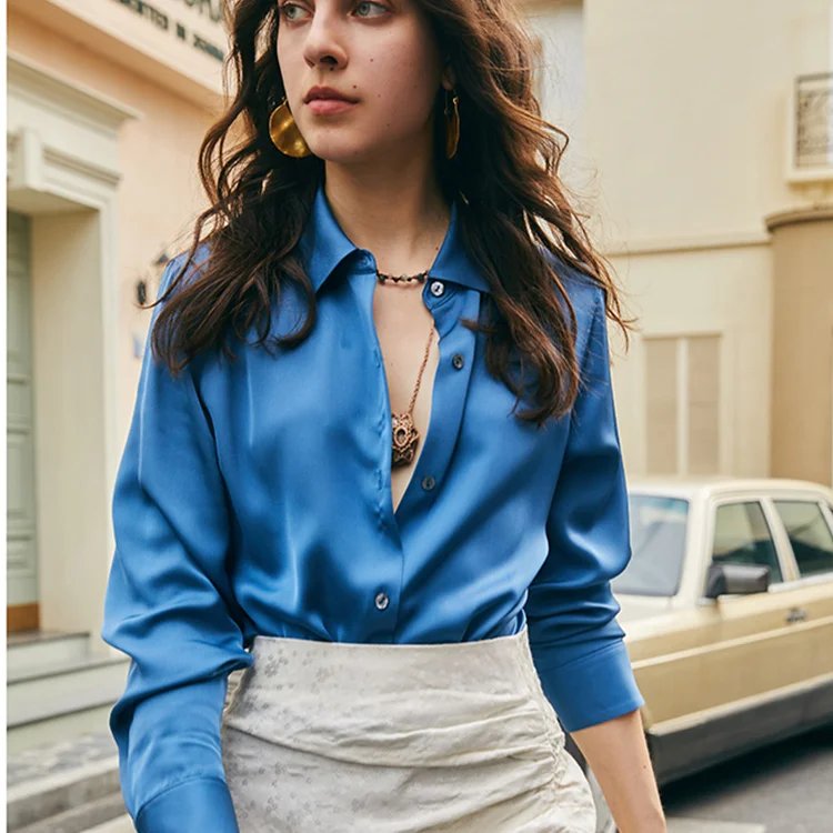 2023 new arrival 22mm solid color 100% mulberry silk top blouse long sleeves real custom silk shirts women