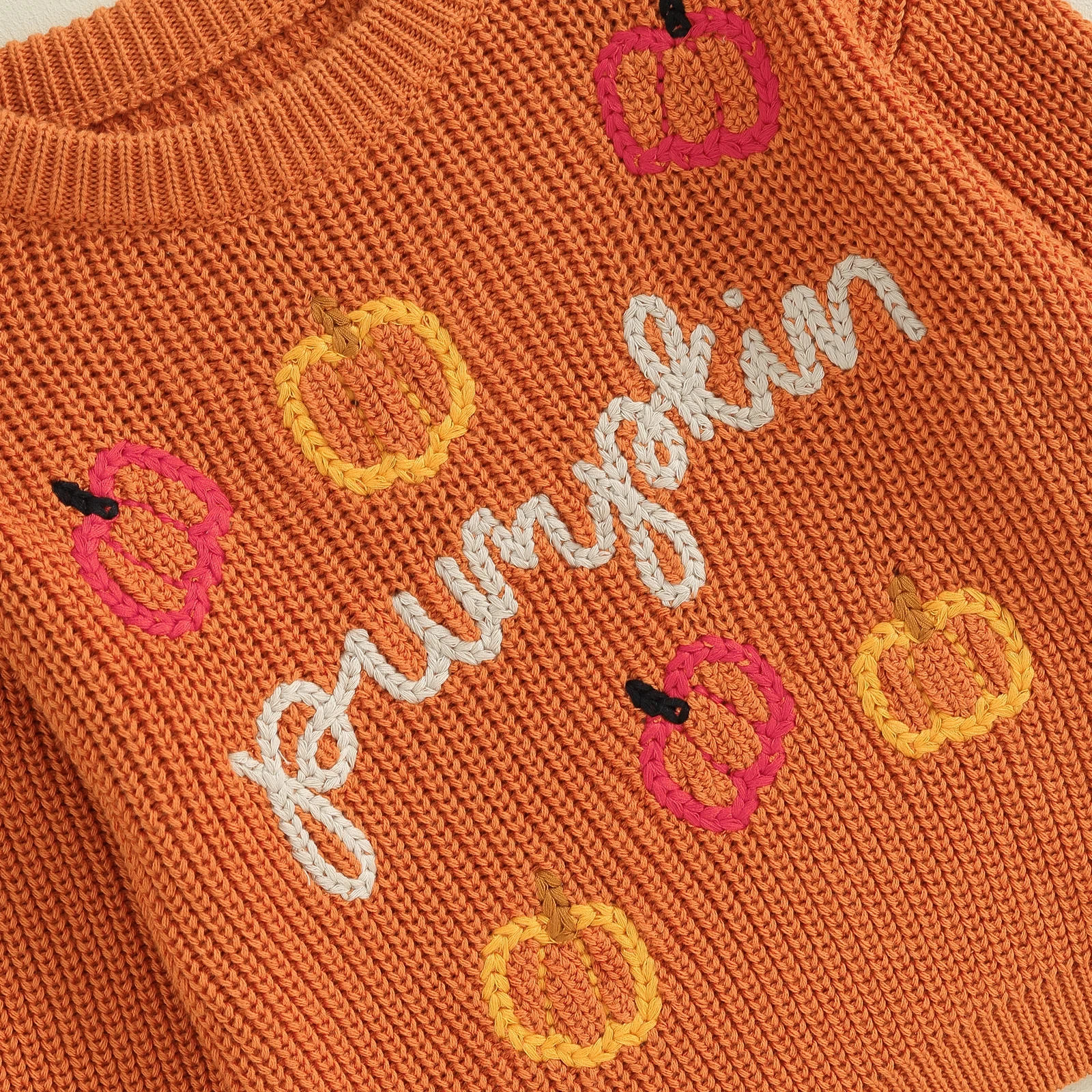 Rarewe Halloween Original Design Solid Color Kids Knitted Pullover Letter Patched Pumpkin Embroidery Girls Crocheted Sweater